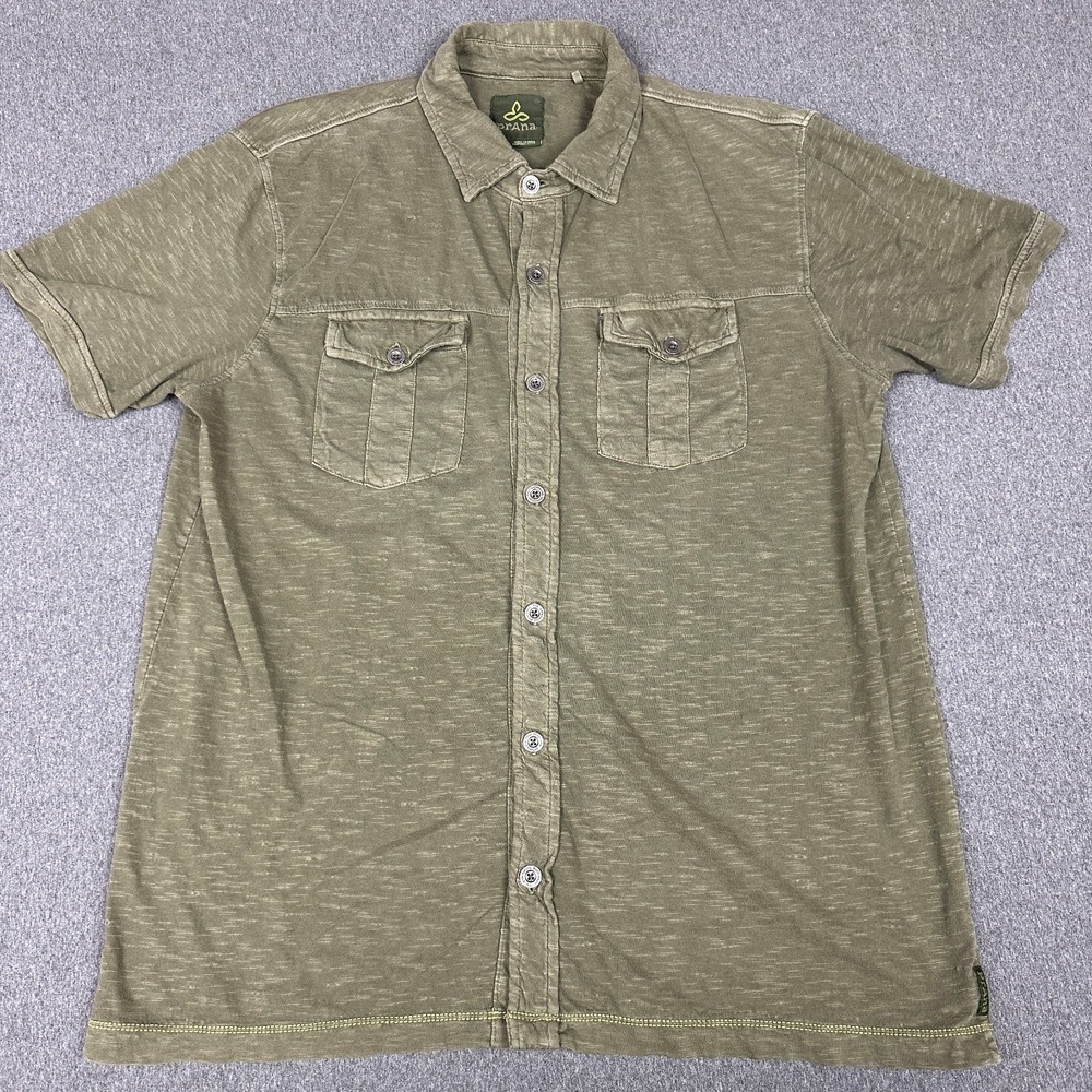 prAna Mens L Green Button Up Shirt Short Sleeve Organic Cotton Knit Military